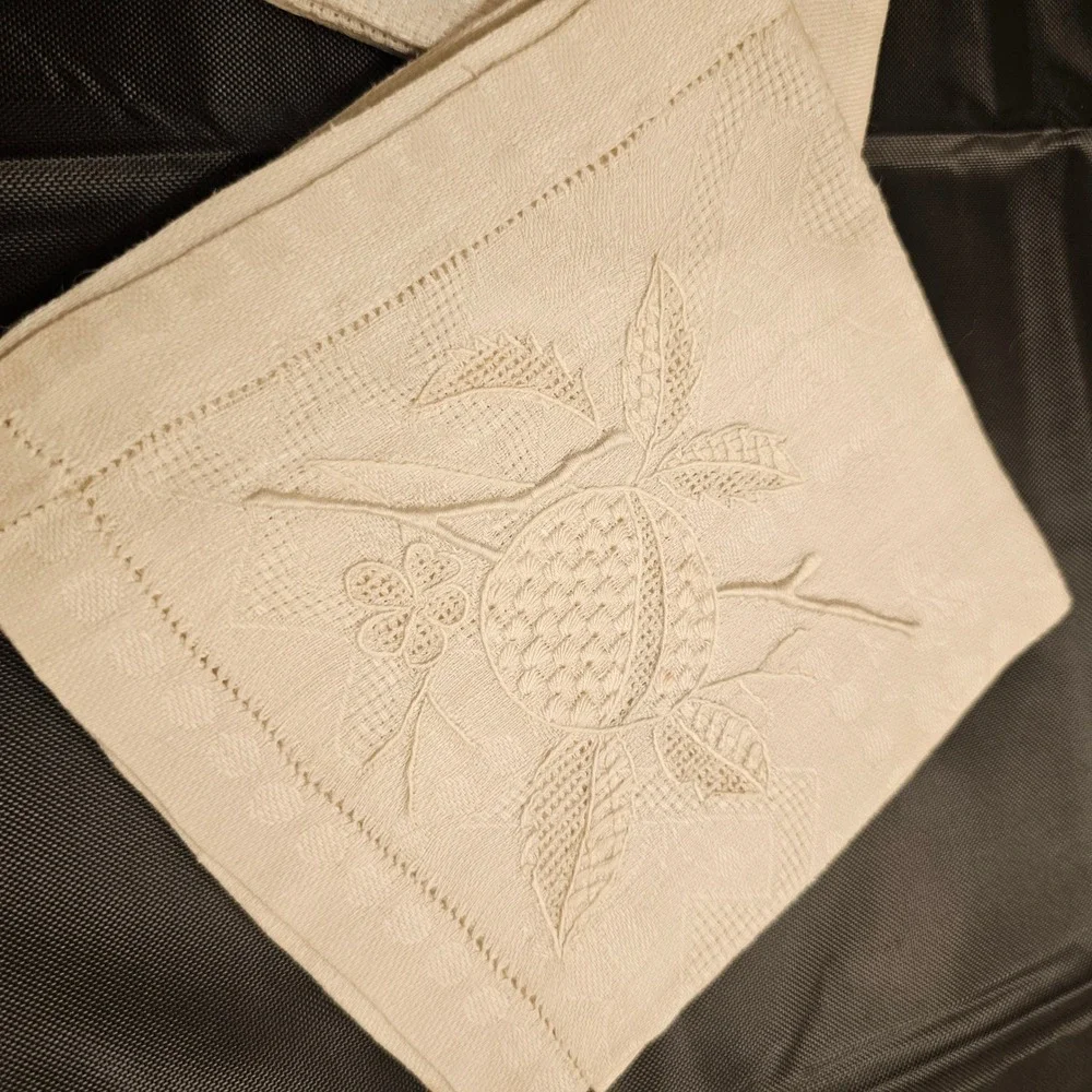 Vintage Cream Linen Napkins Hand Embroidered Fruit Damask Hemstitched Set of 2